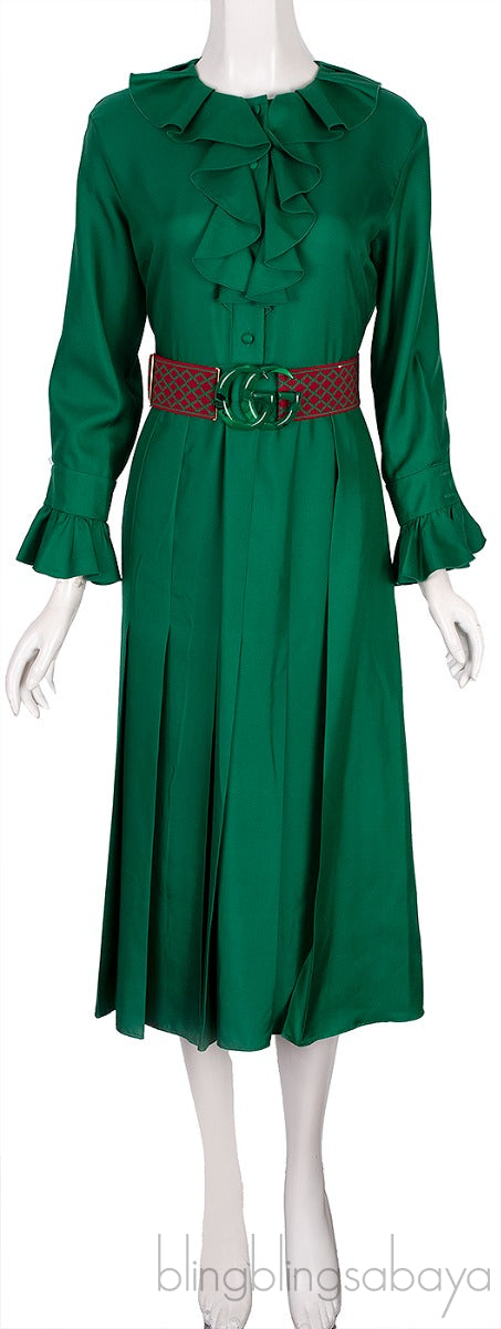 Emerald Green Ruffle Belted Midi Dress