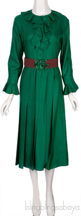 Emerald Green Ruffle Belted Midi Dress