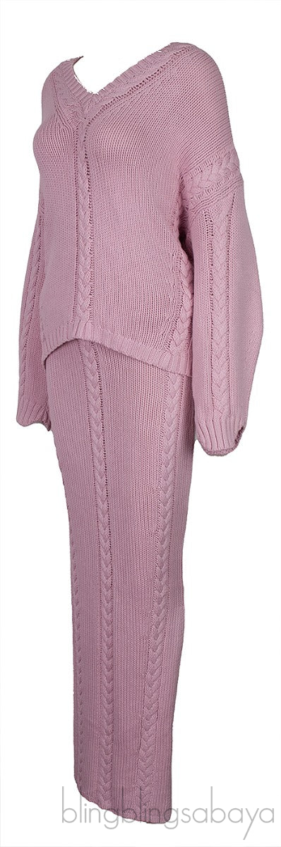 Light Pink Cable-knit Sweatshirt and Midi Skirt