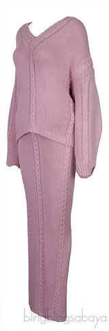 Light Pink Cable-knit Sweatshirt and Midi Skirt