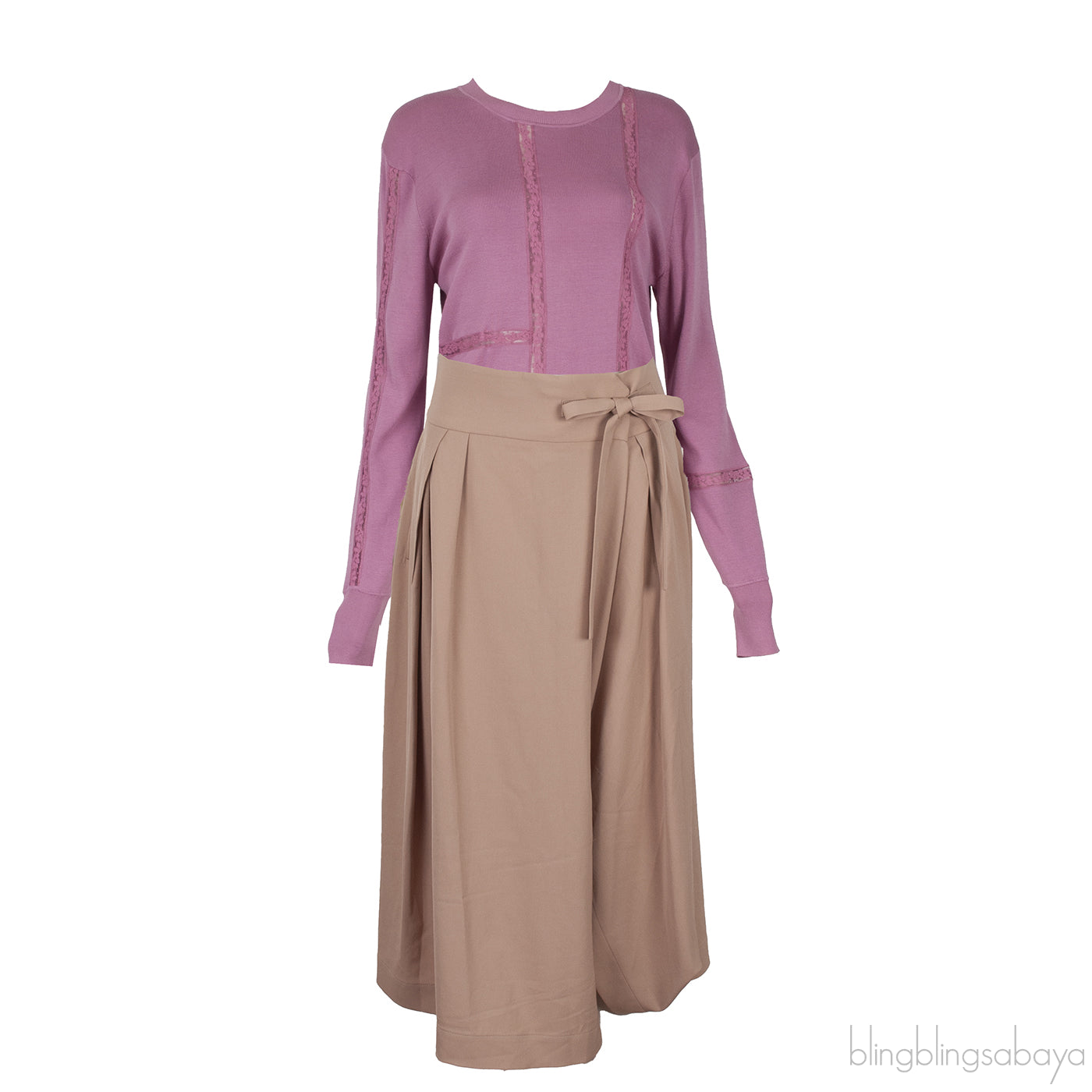Cheerful Pink Lace Detail Sweatshirt and Soft Tan Sarouel Pants