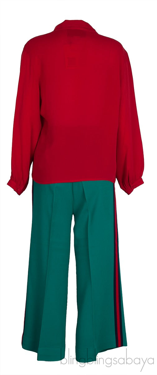 Red Pussy Bow Longsleeve Blouse & Green Trouser