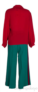 Red Pussy Bow Longsleeve Blouse & Green Trouser