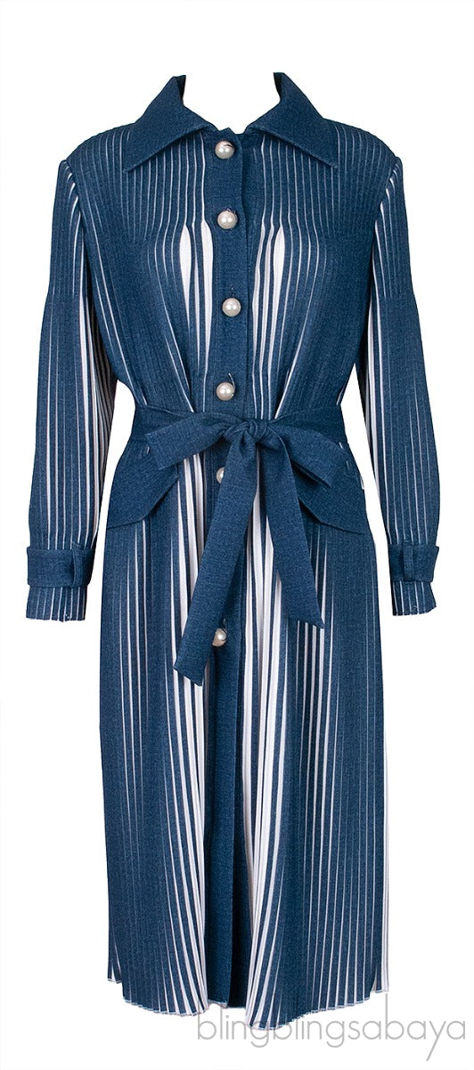 Blue & White Pleated Belted Midi Dress