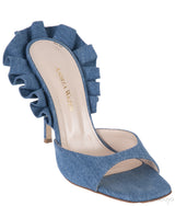Andrea Wazen Blue Denim Rouches 105 Ruffled Mule Sandals