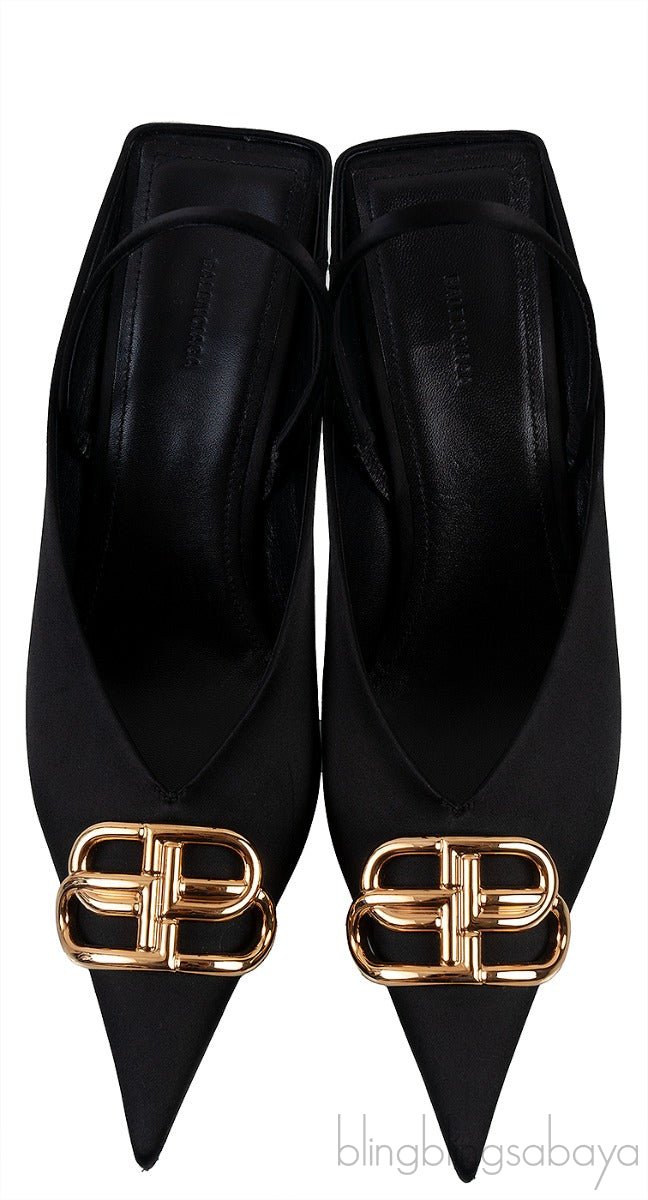 Balenciaga Black Satin BB Pointed Toe Slingback