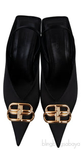 Balenciaga Black Satin BB Pointed Toe Slingback