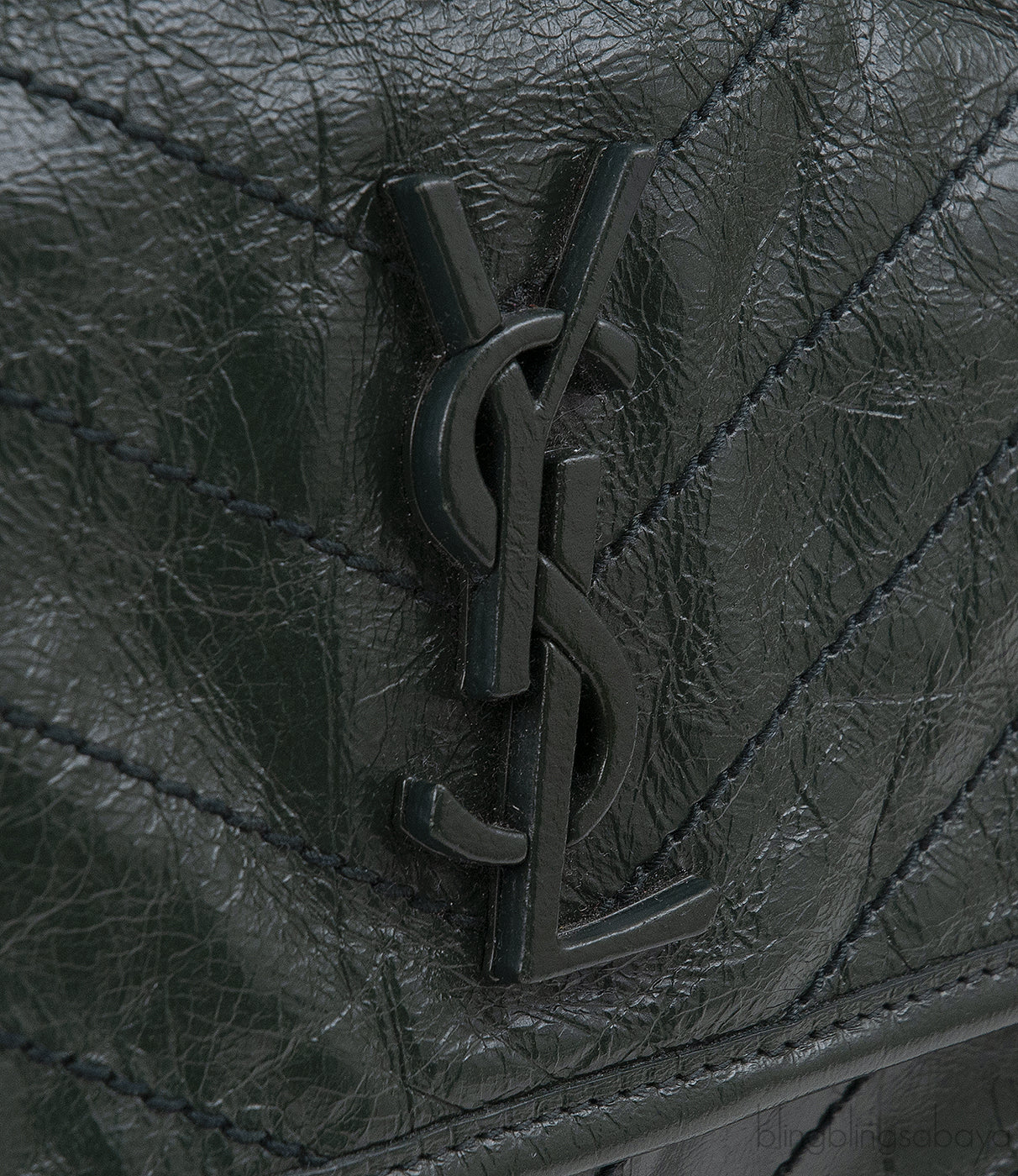 Yves Saint Laurent  Nikki Forest Green Medium Crinkled Leather Shoulder Bag