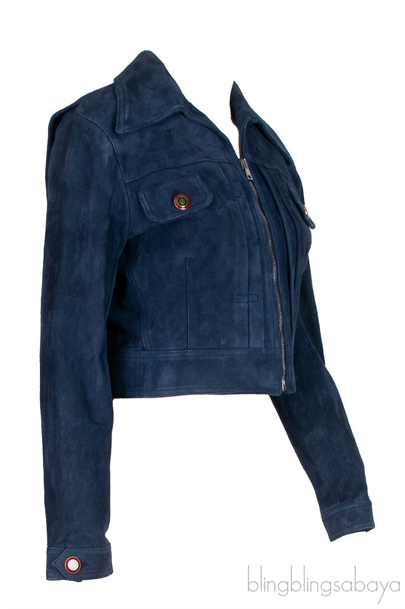 Blue Suede Tiger Loved Crop Leather Jacket