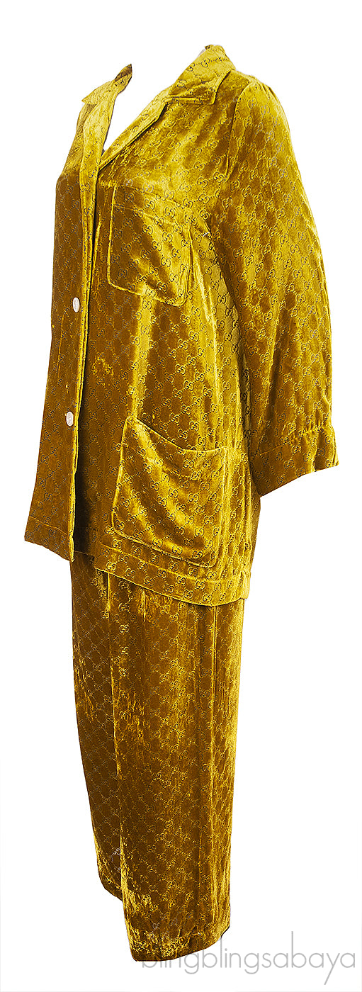Gucci Gold GG Devore Velvet Shirt & Wide Leg Trouser