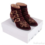 Burgundy Velvet Metal Beads Strappy Boots