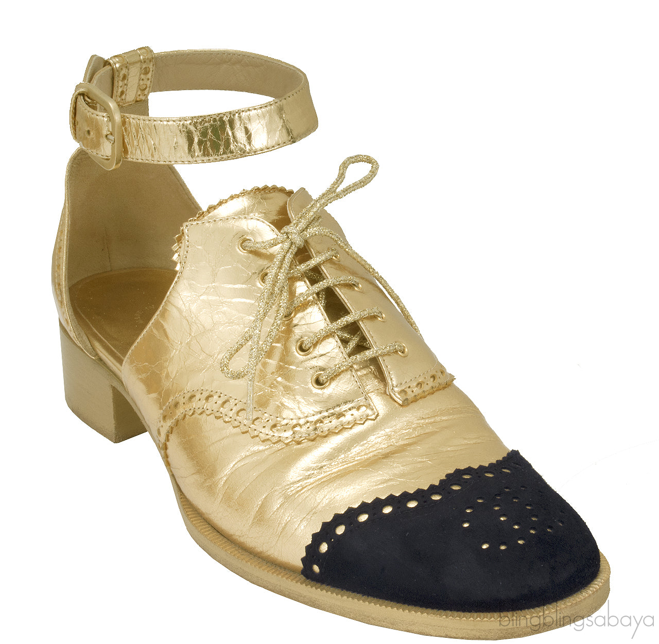 Metallic Gold Ankle Strap Brogue