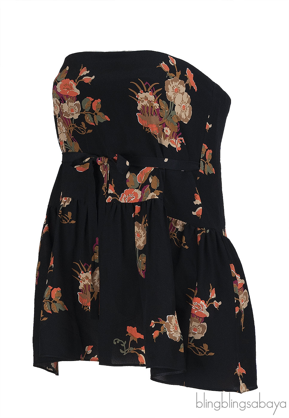 Valentino Black Floral Print Tube Peplum Top L