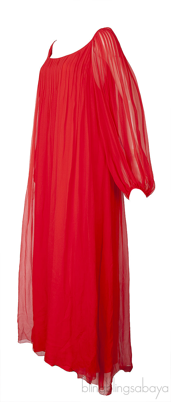 Red Pleated Silk Mousseline Maxi Dress