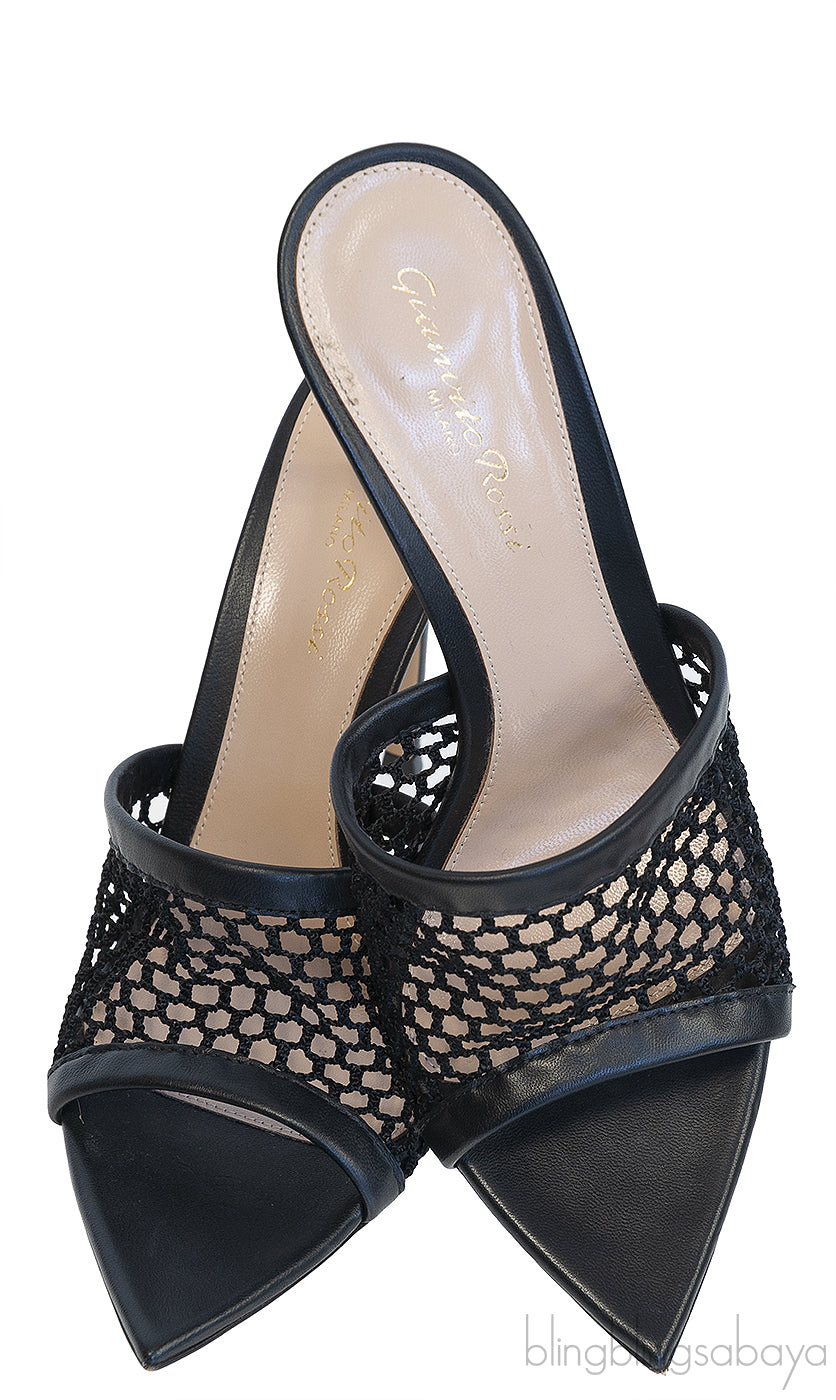 Black Leather Trimmed Fishnet Mules