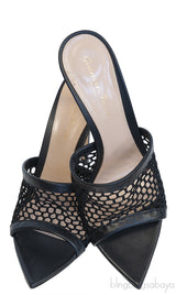Black Leather Trimmed Fishnet Mules