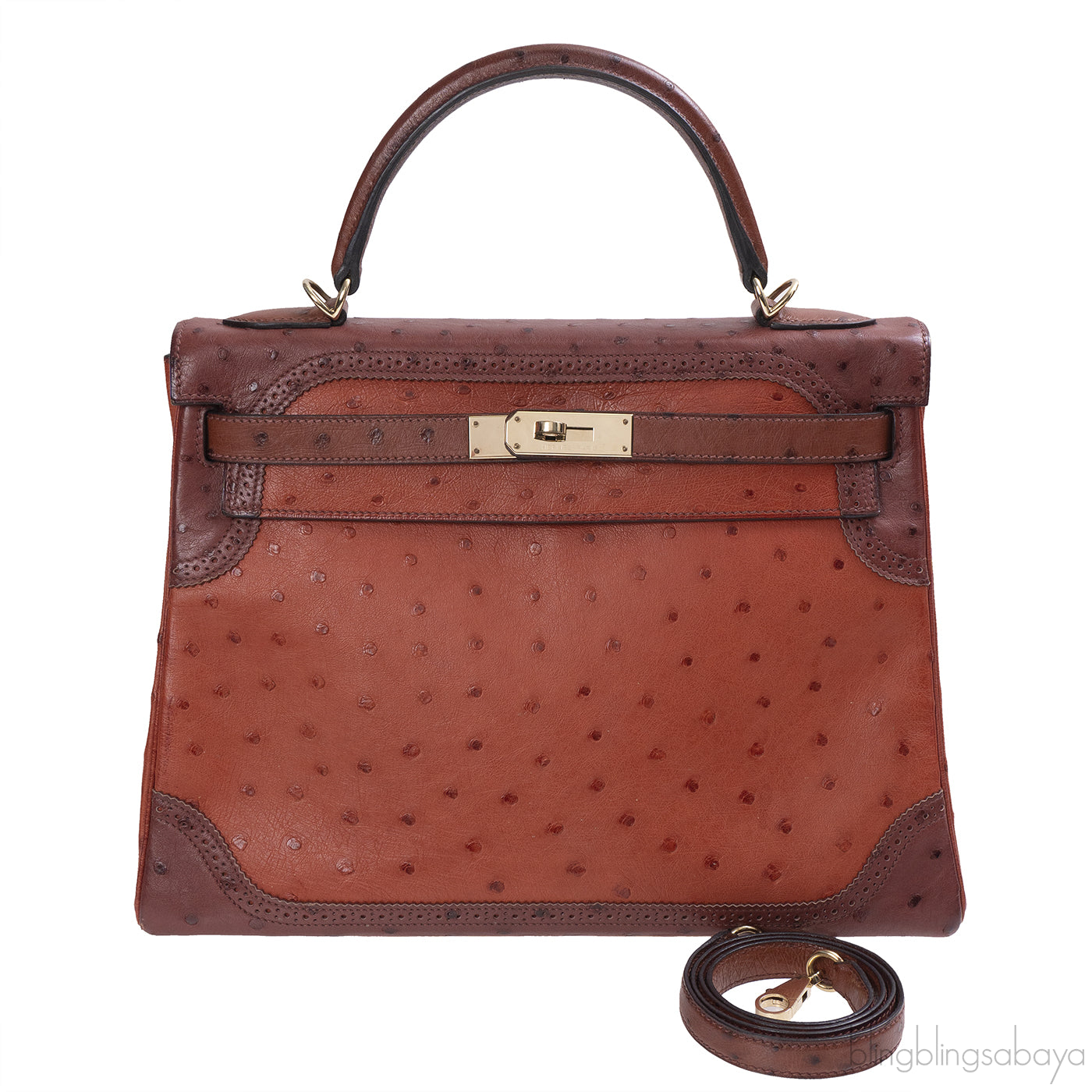 Hermes Kelly 32 Ghillies Rouge H Sunset and Brique Ostrich Bag