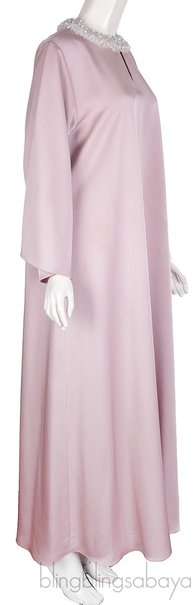 Old Rose Bead Embellished Long Sleeve Dress