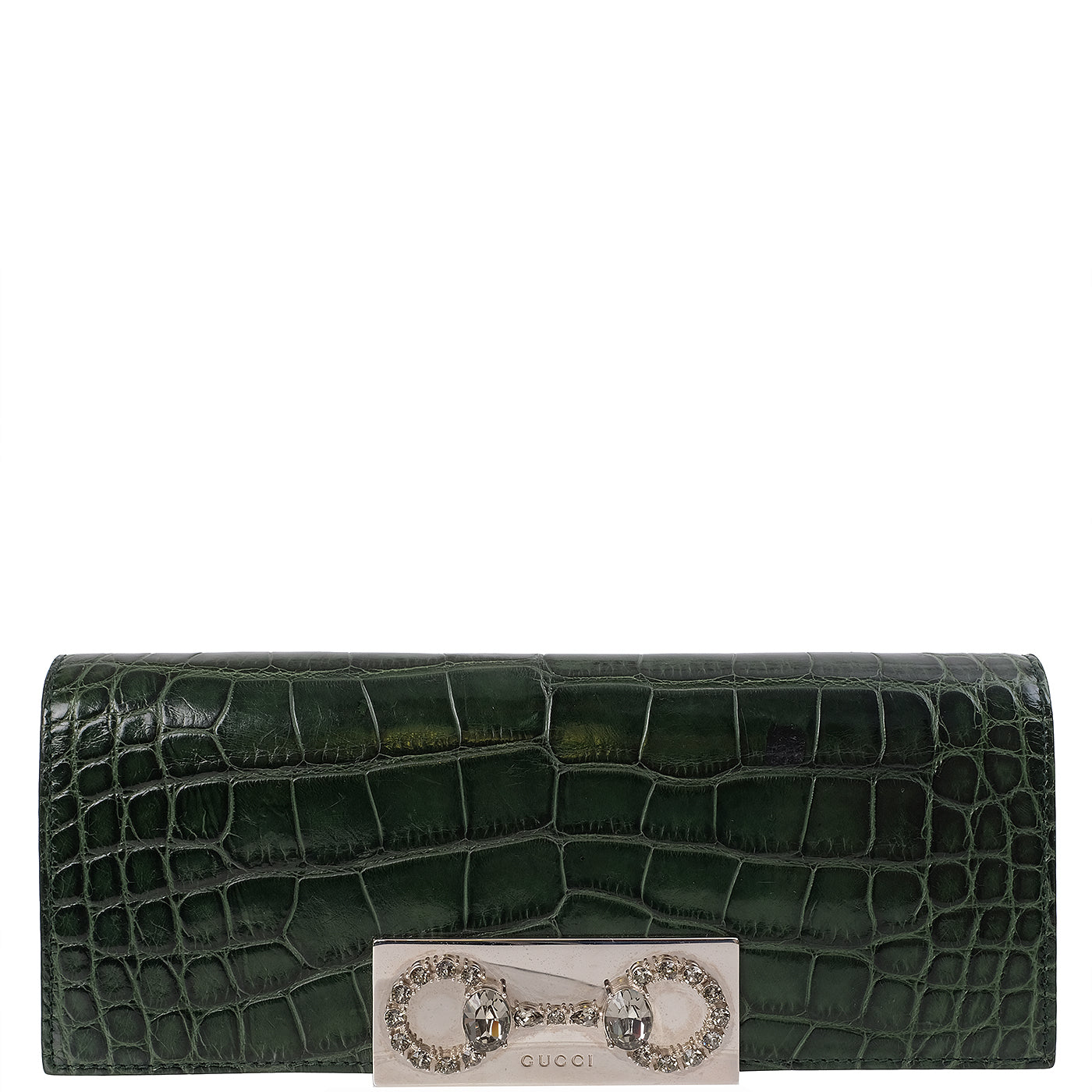 Gucci Crystal Embellished Horsebit Green Crocodile Mini Clutch