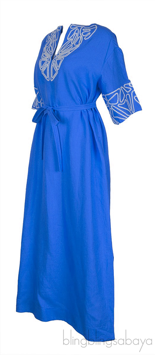 Blue Linen Embroidered Kaftan Dress