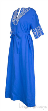 Blue Linen Embroidered Kaftan Dress