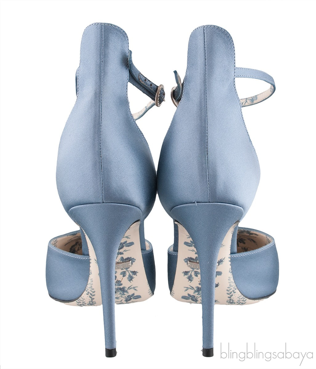 Gucci Blue Grey Satin Daisy 105 Slingback Heels