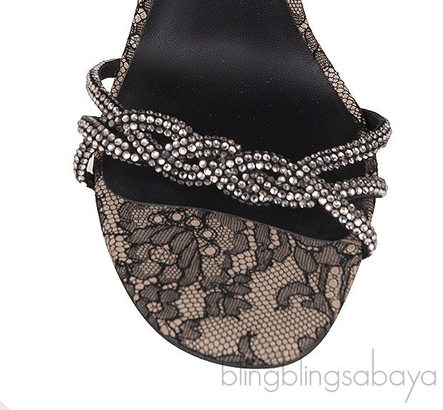 Lace and Fur Crystal Slingback Sandals