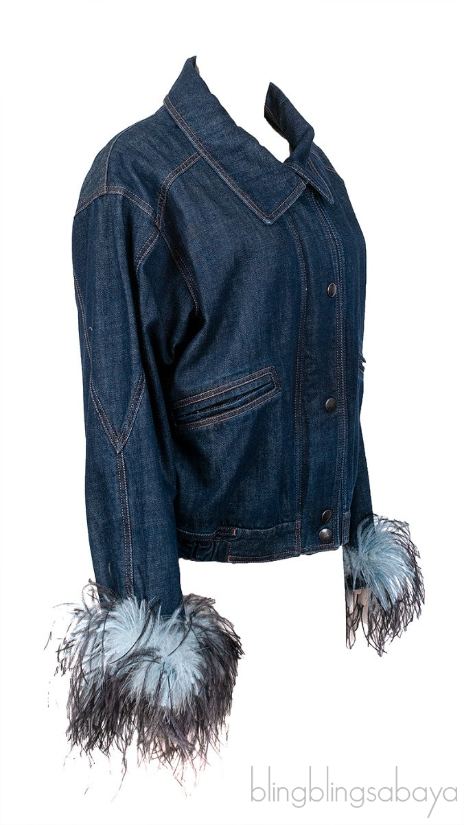 Blue Denim Feather Trim Jacket