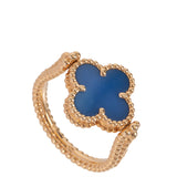 Van Cleef & Arpels Reversible Blue Agate Guilloche Vintage Alhambra Diamond Yellow Gold Ring 58
