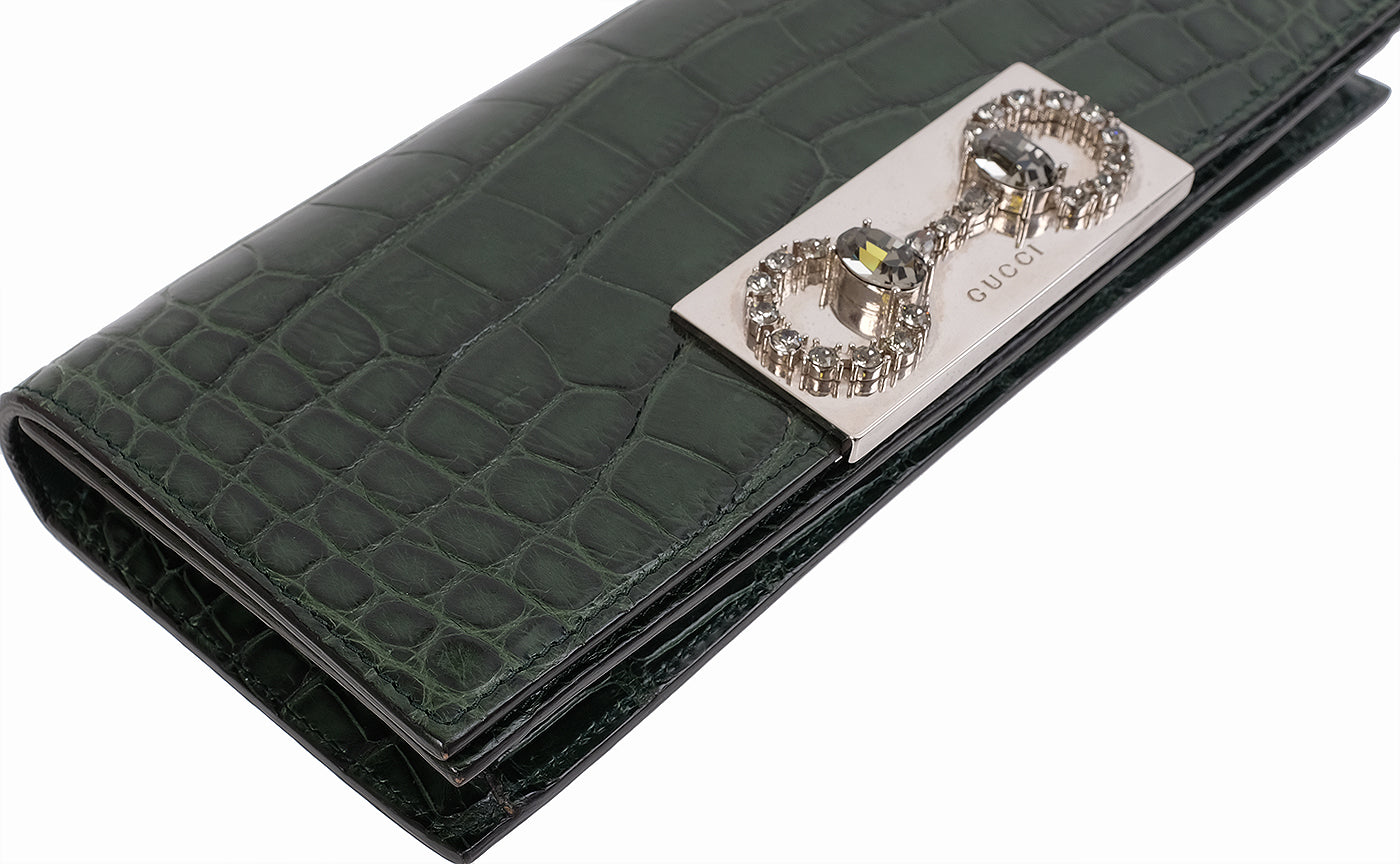 Gucci Crystal Embellished Horsebit Green Crocodile Mini Clutch