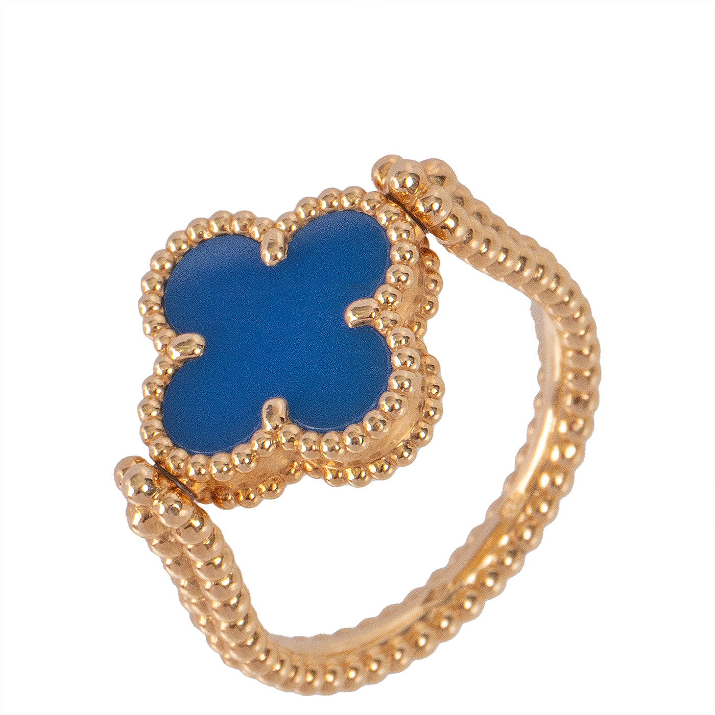 Van Cleef & Arpels Reversible Blue Agate Guilloche Vintage Alhambra Diamond Yellow Gold Ring 58