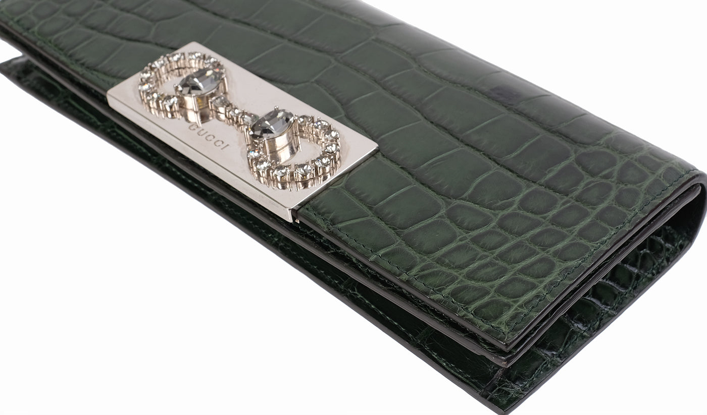 Gucci Crystal Embellished Horsebit Green Crocodile Mini Clutch