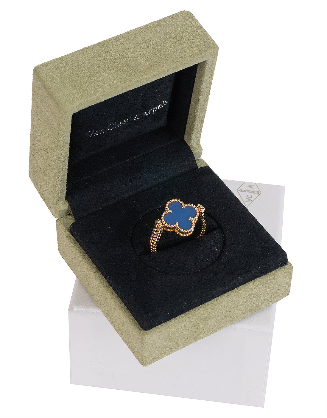 Van Cleef & Arpels Reversible Blue Agate Guilloche Vintage Alhambra Diamond Yellow Gold Ring 58