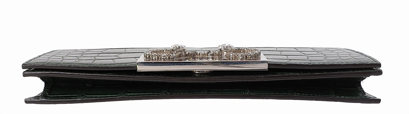 Gucci Crystal Embellished Horsebit Green Crocodile Mini Clutch