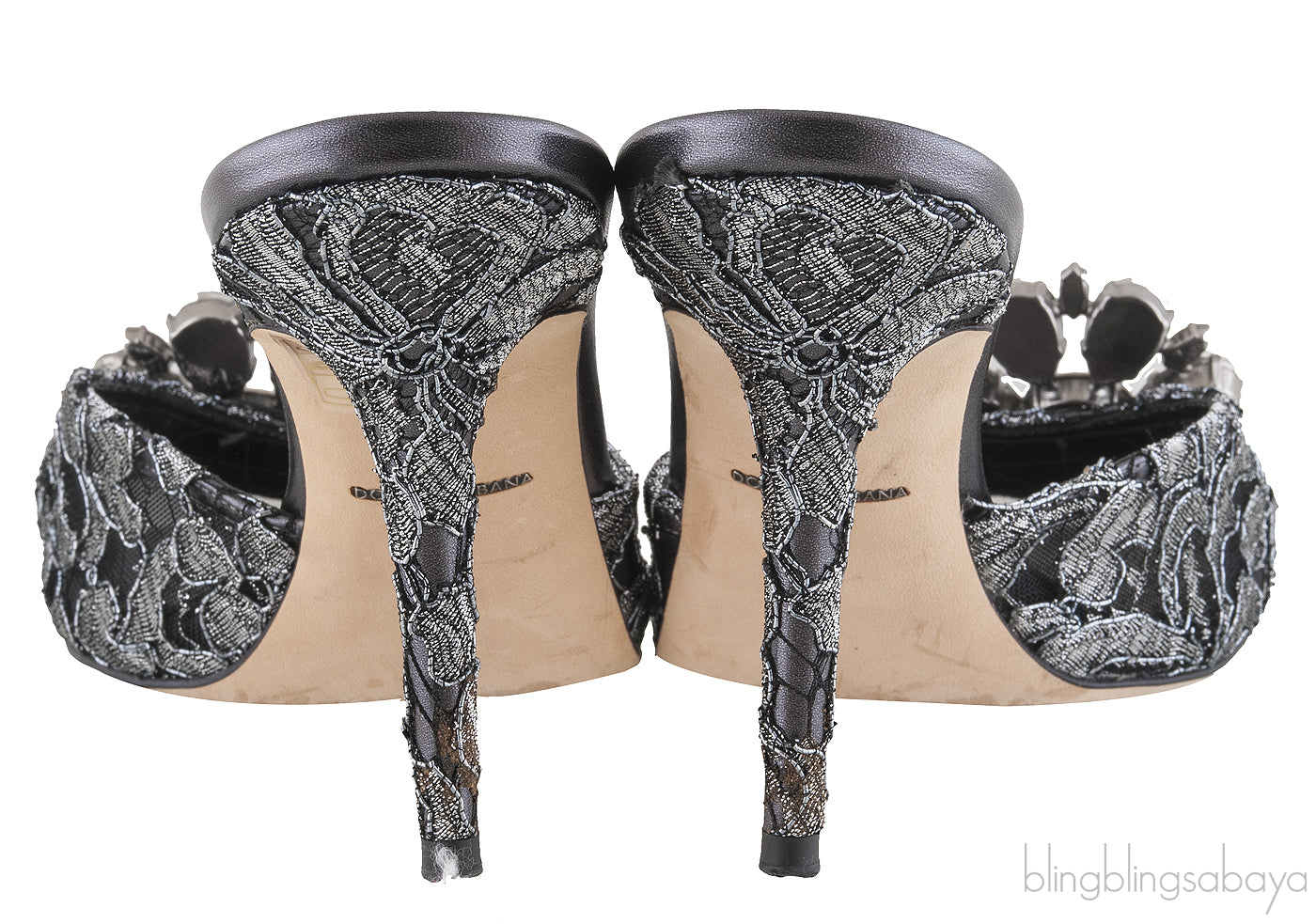 Grey Lace Crystal Vamp Slip-on Sandals