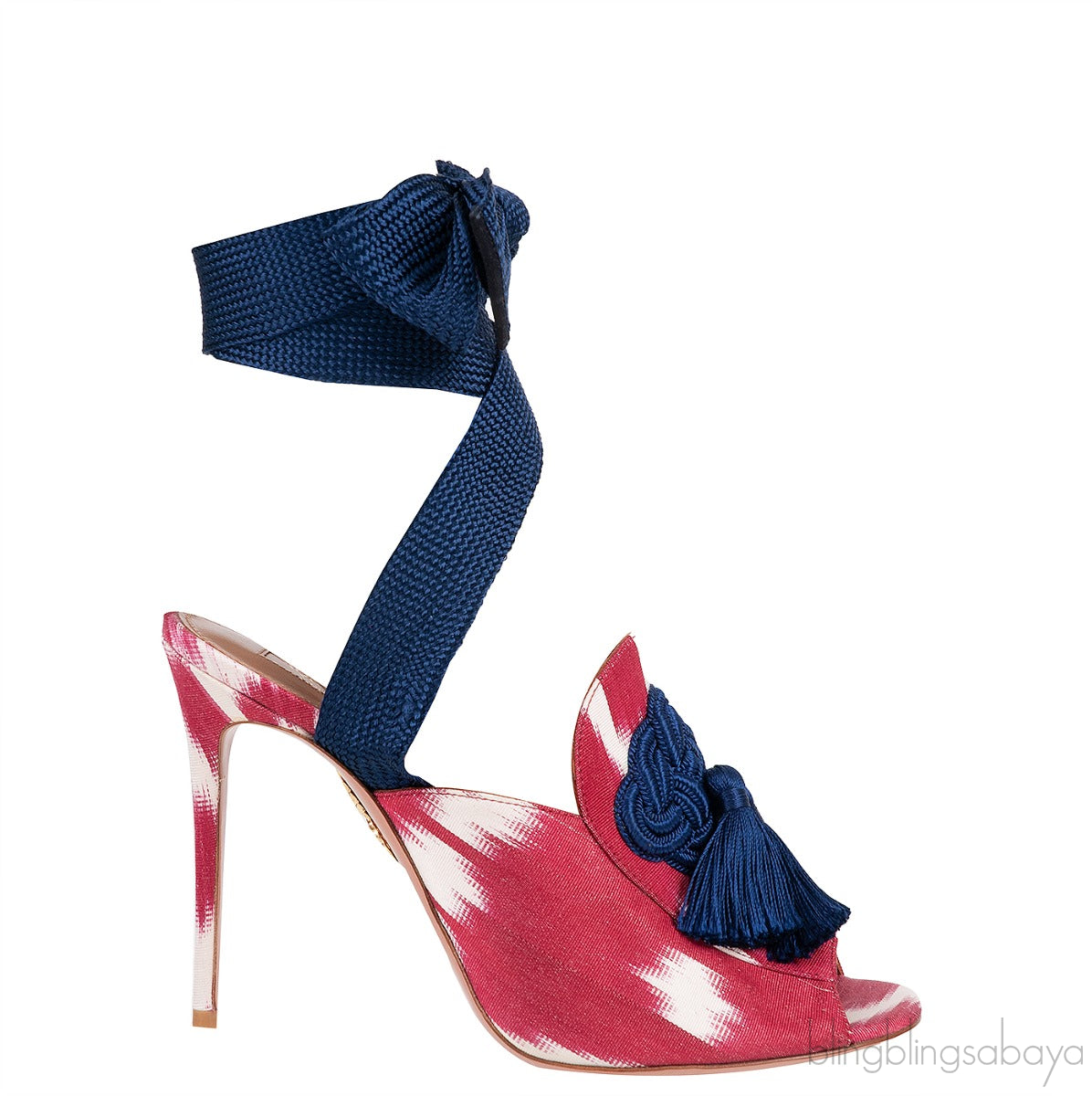 Printed Canvas Blue Tassel Wrap Around Heels