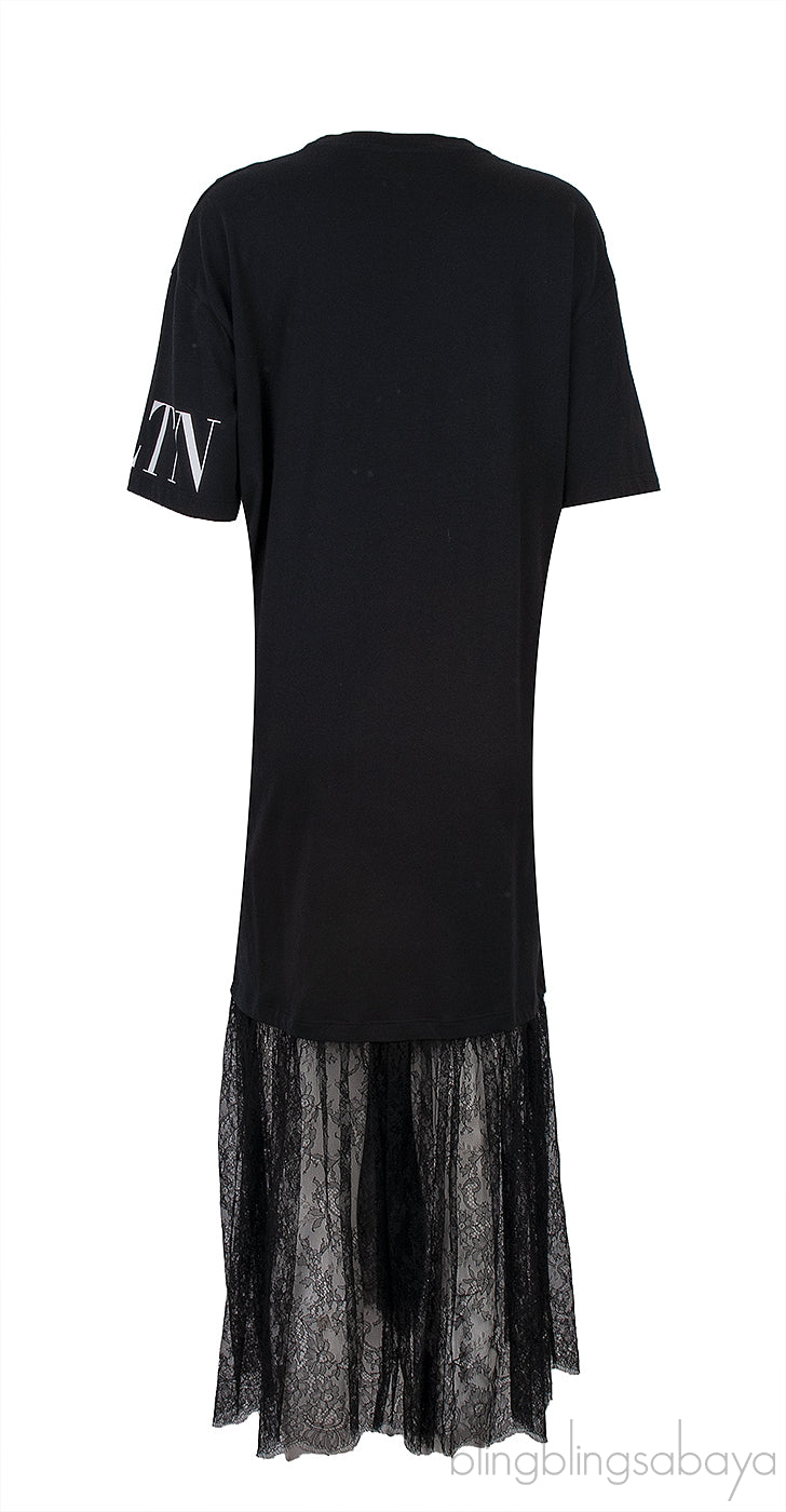 Black VLTN Lace Trim T-shirt Dress