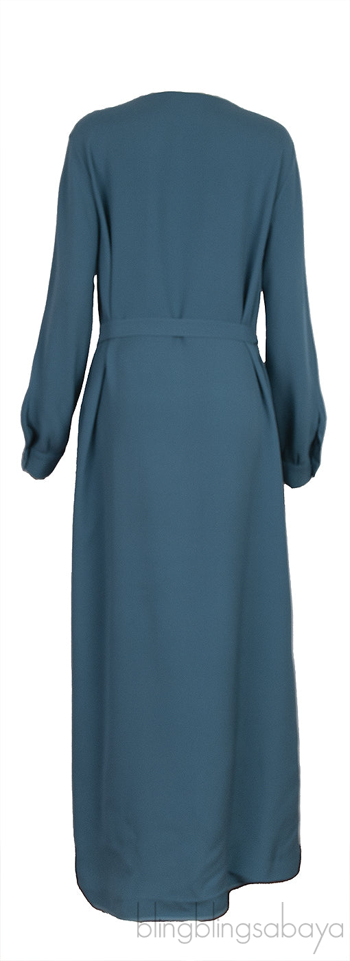 Blue Green V-neck Belted Dress