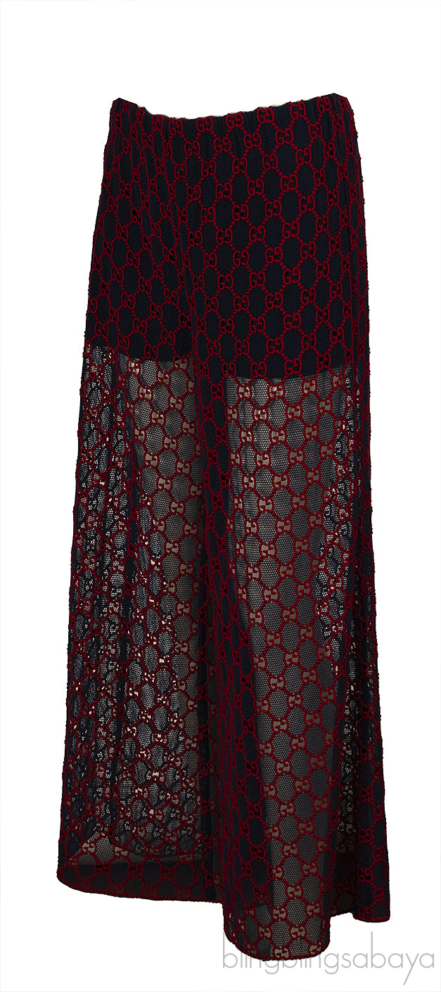 Gucci Navy Blue & Red GG Mesh Wide Leg Sheer Pants
