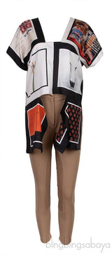 Multicolor Print Silk Blouse & Khaki Trouser