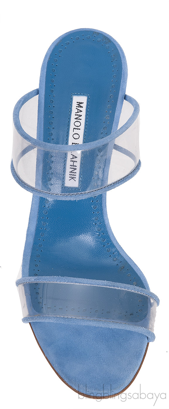 Manolo Blahnik Blue Invymu Suede PVC Open Toe Mules