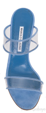 Manolo Blahnik Blue Invymu Suede PVC Open Toe Mules