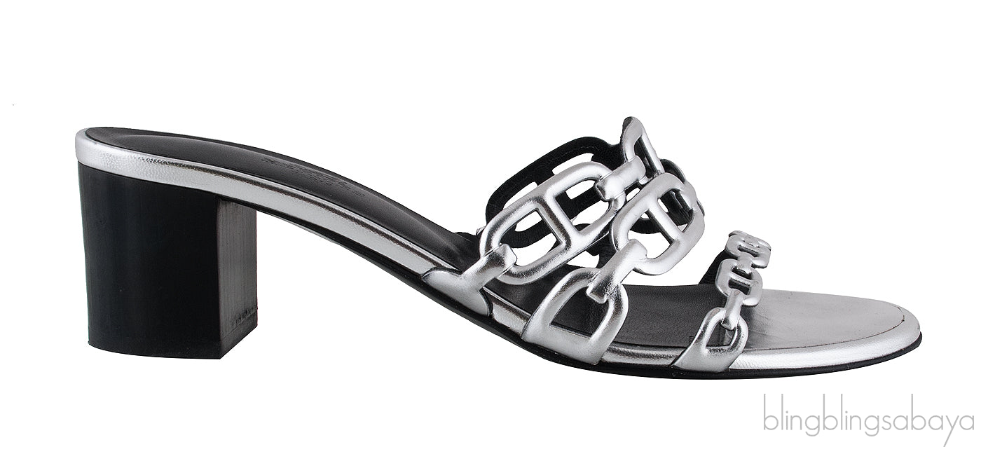 Chain Silver Leather Block Heels