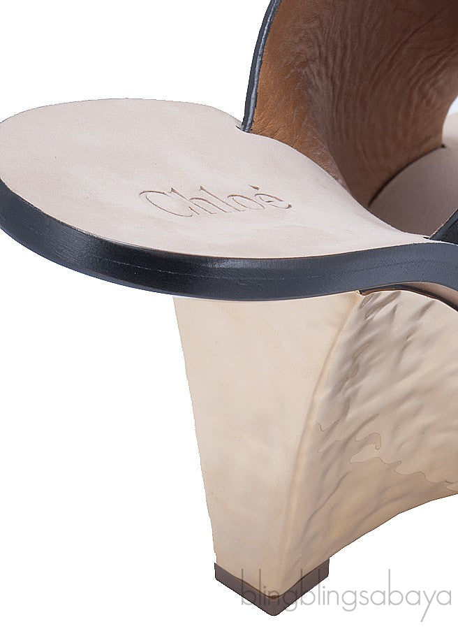 Hammered Gold Tone Wedge Mule