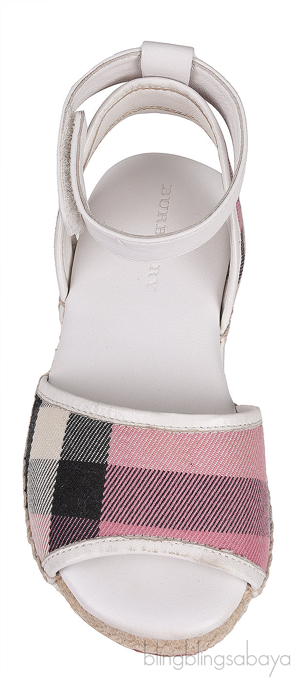 White Leather Pink Check Espadrille Kids Sandals