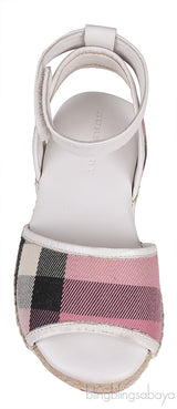 White Leather Pink Check Espadrille Kids Sandals