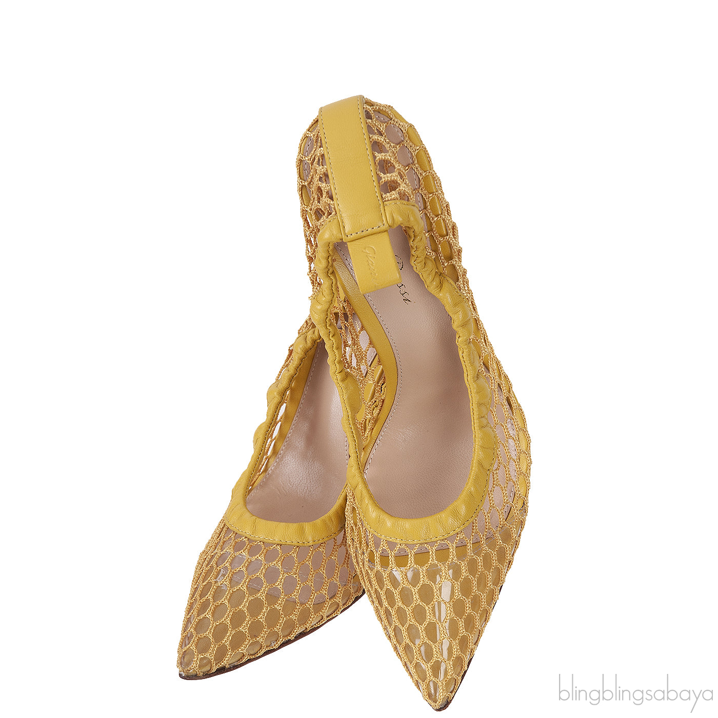 Mustard Leather Trimmed Fishnet Pump