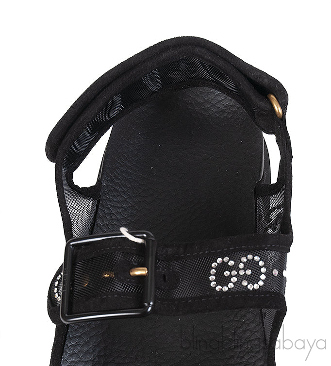 Gucci Black Crystal Embellished Monogram Pattern Sandals