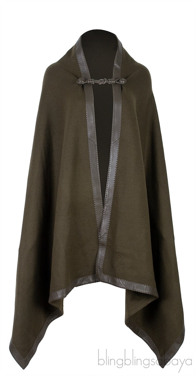 Moss Green Cashmere & Wool Leather Trim Cape