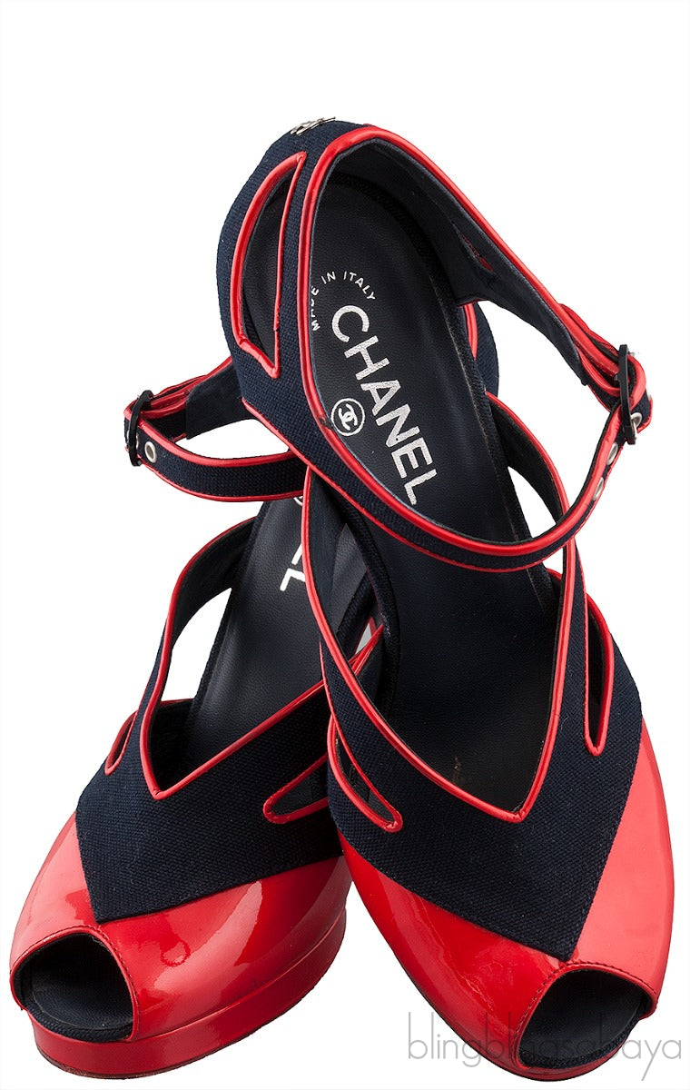 Blue Red Trim Leather Heels